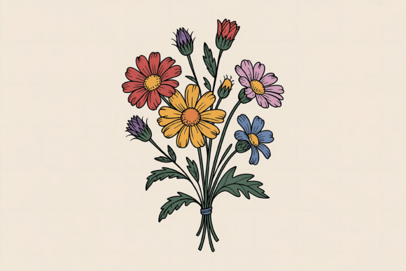 70s Style Floral Bouquet Clipart: Graphics and Illustrations for Crafting