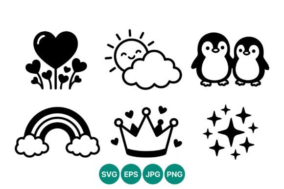 Black and White Cute Line Art Icons Set: Graphics for Editorial Design