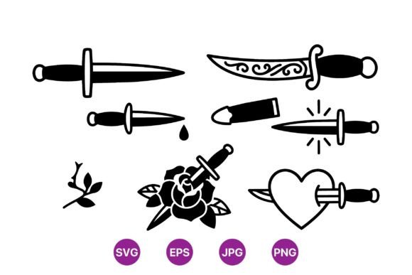 Classic Dagger Tattoo Clipart Set: Graphics & Illustrations for Edgy Designs