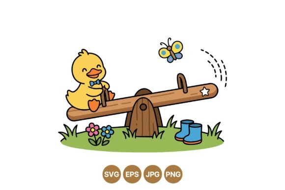 Cute Duck on Seesaw Cartoon Graphics