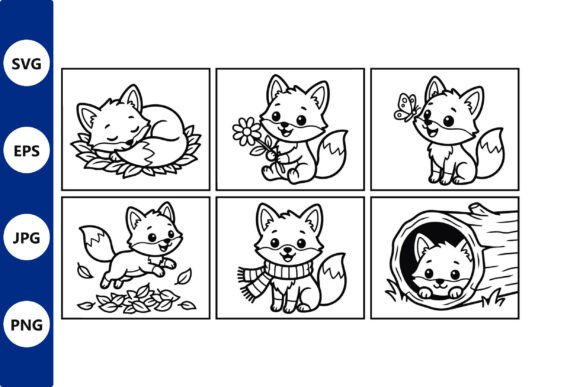 Cute Fox Vector Set in Black and White Graphics