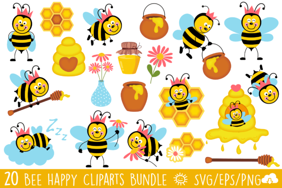 Cute Happy Bee Vector Clipart Bundle