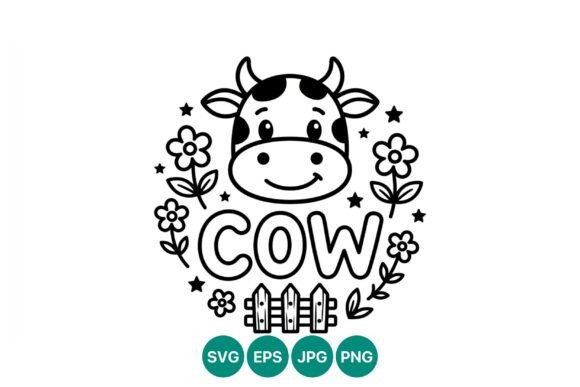 Cute Smiling Cow Face Line Art Graphics