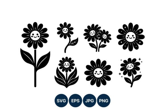Cute Smiling Flower Faces Vector Set