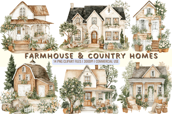 Farmhouse Country Homes Cliparts: Graphics & Illustrations for Rustic Branding