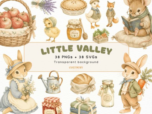 Little Valley Watercolor Cliparts, PNG: Graphics for Real Content Publishing