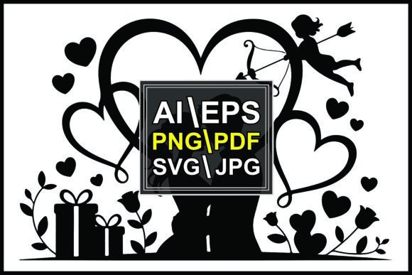 Silhouette Couple Kissing Cupid Heartshe Graphics