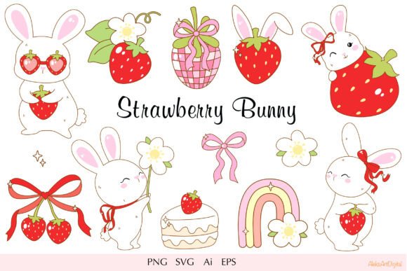 Strawberry Bunny Clipart Kawaii SVG PNG