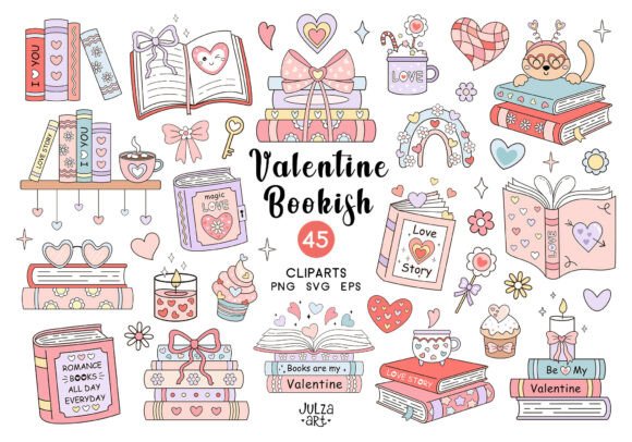 Valentine Bookish Clipart: Graphics & Illustrations