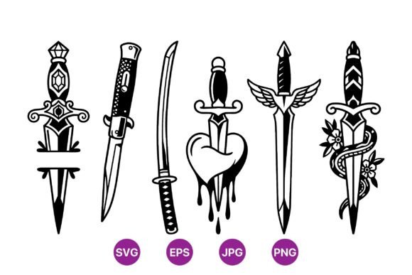 Vintage Tattoo Dagger Clipart Set: Graphics & Illustrations