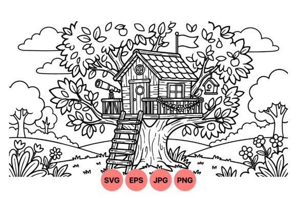 Whimsical Treehouse Line Art Graphics